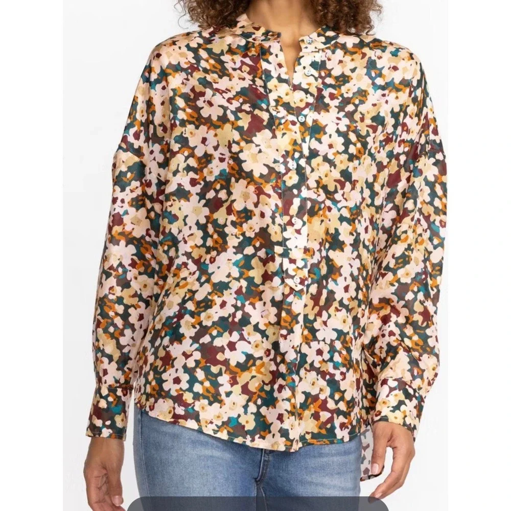 Calme Johnny Was Womens 100% Silk Floral Half Placket Button Blouse Top Size M